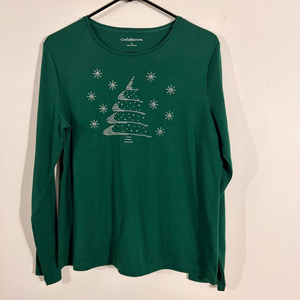 Croft & Barrow Christmas Tree Tee Women Large Green Rhinestone Holiday